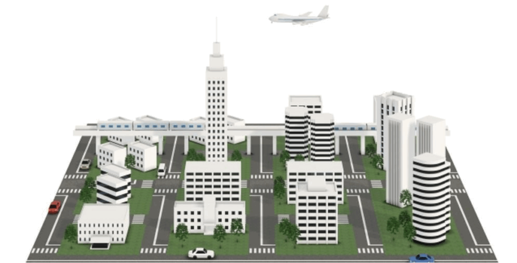 都市の街並みと高層ビル、上空を飛ぶ飛行機のイラスト
